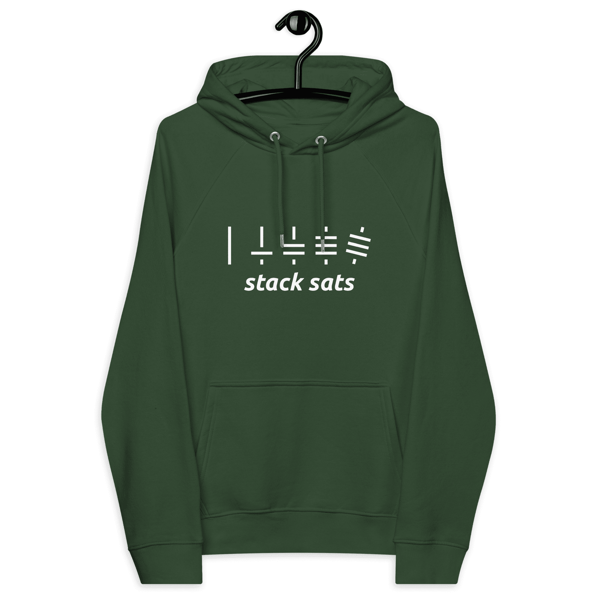 Front view of a bottle green colored bitcoin hoodie.