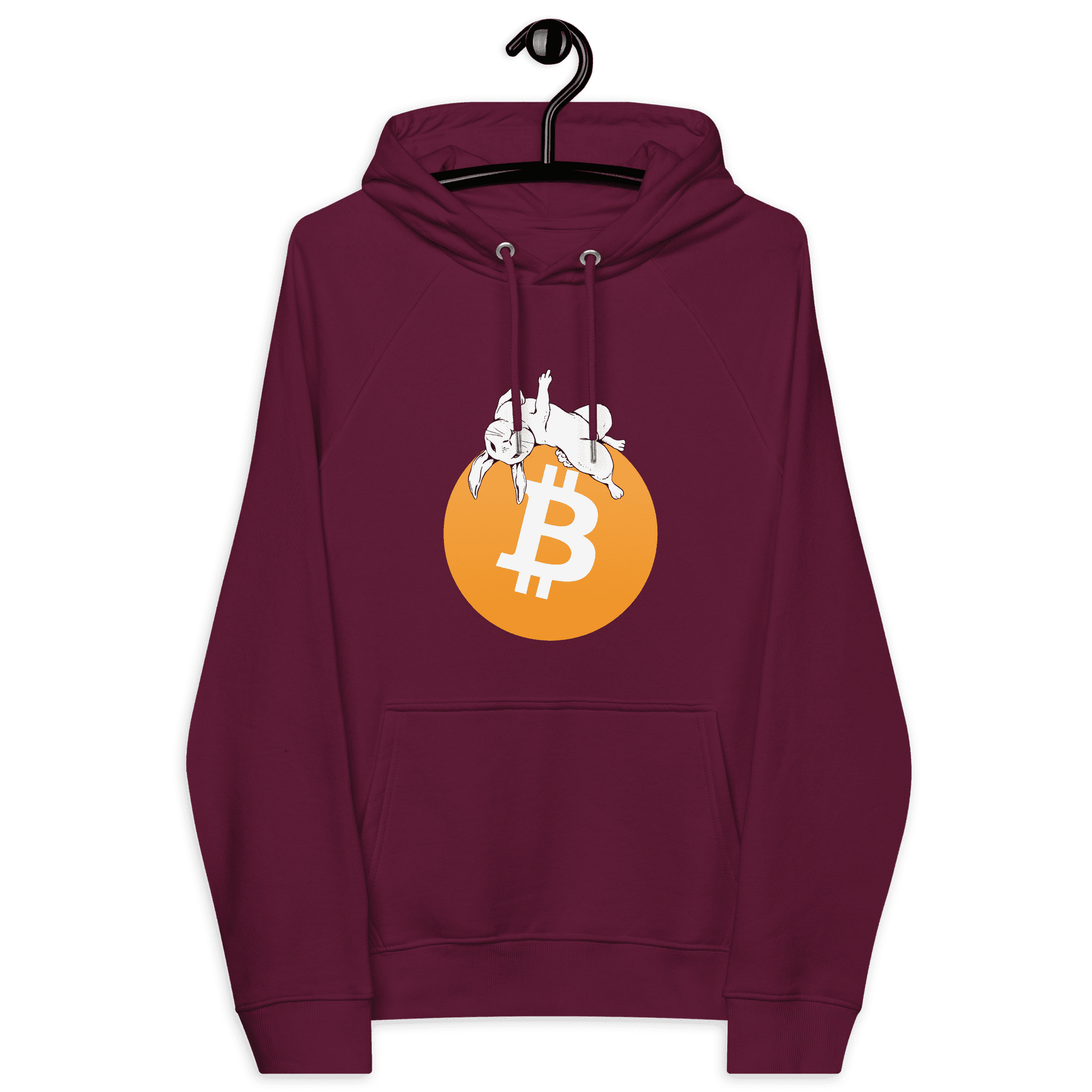 Front view of a burgundy bitcoin hoodie.