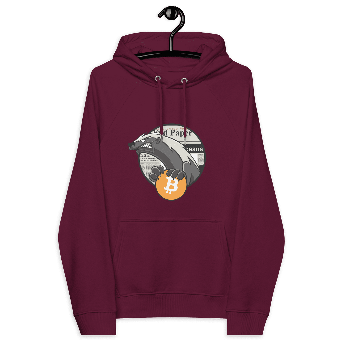 Front view of a burgundy bitcoin hoodie.