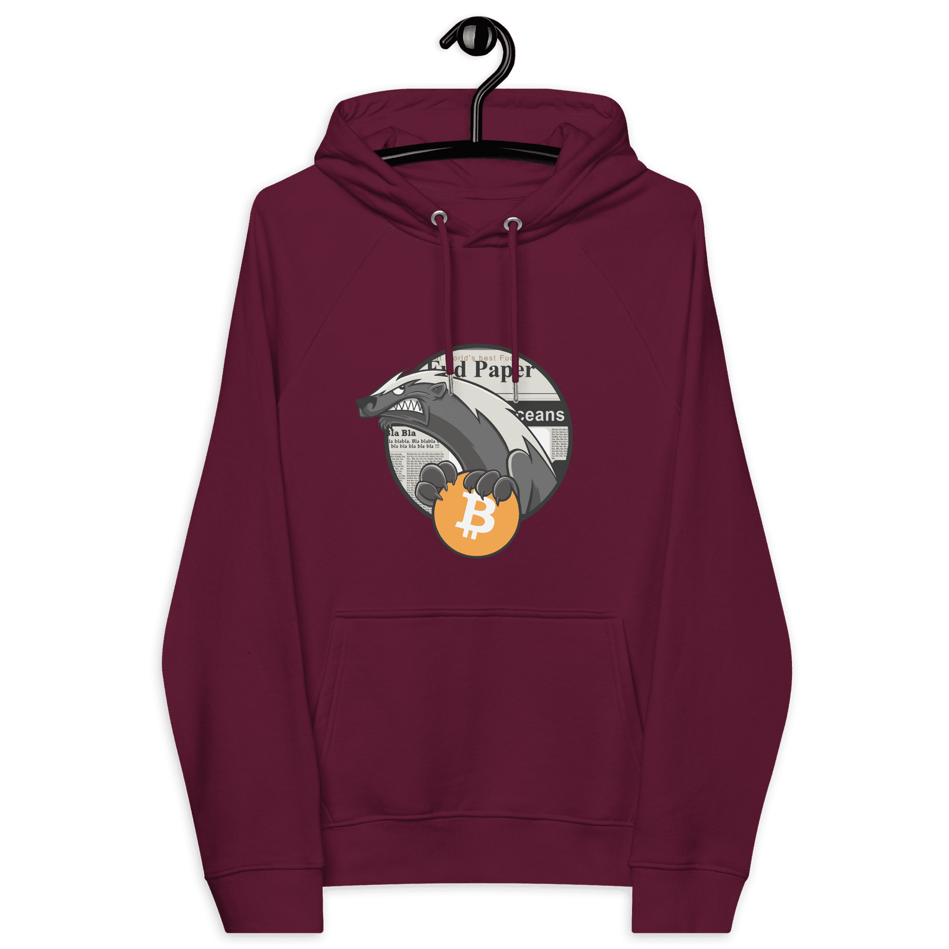 Front view of a burgundy bitcoin hoodie.