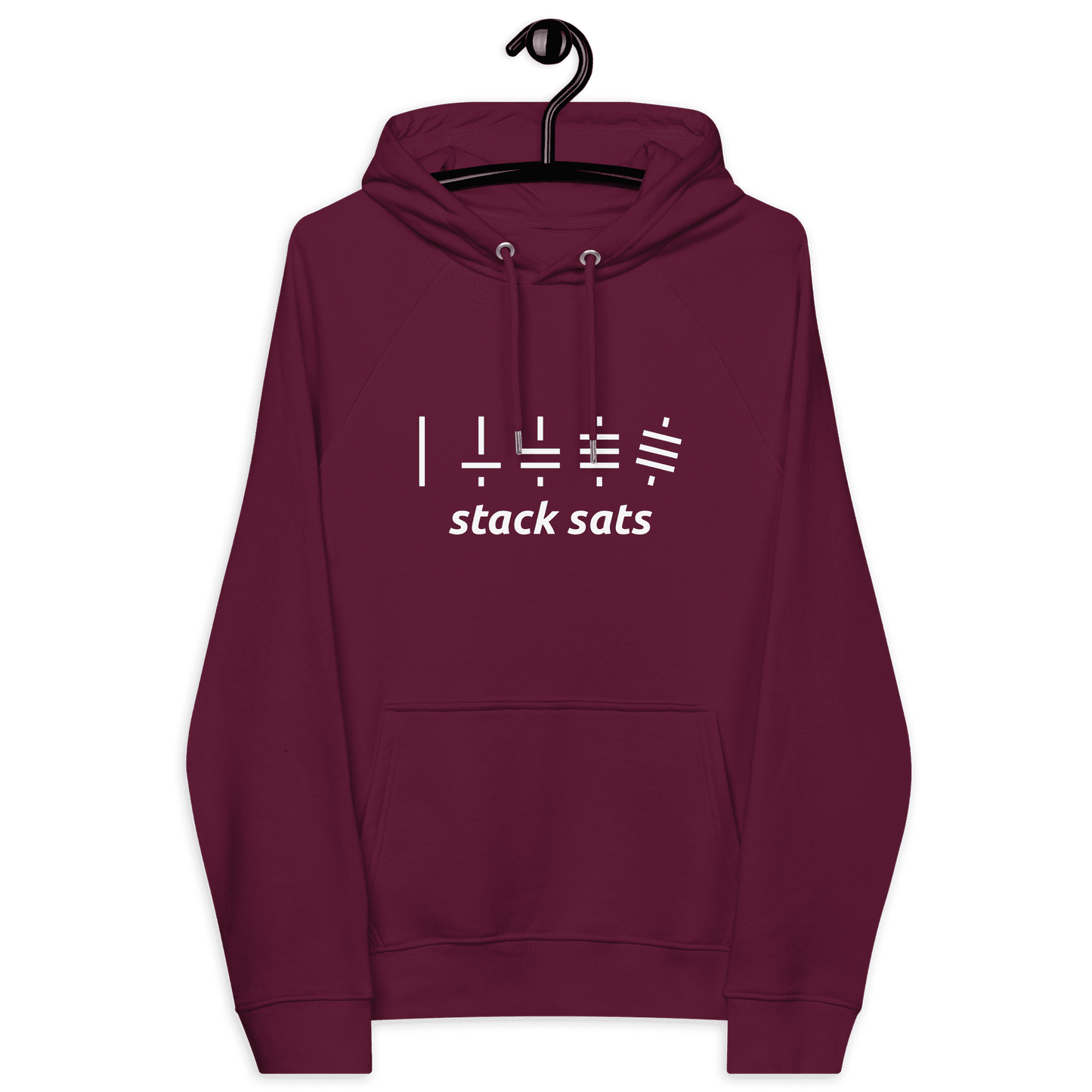 Front view of a burgundy bitcoin hoodie.