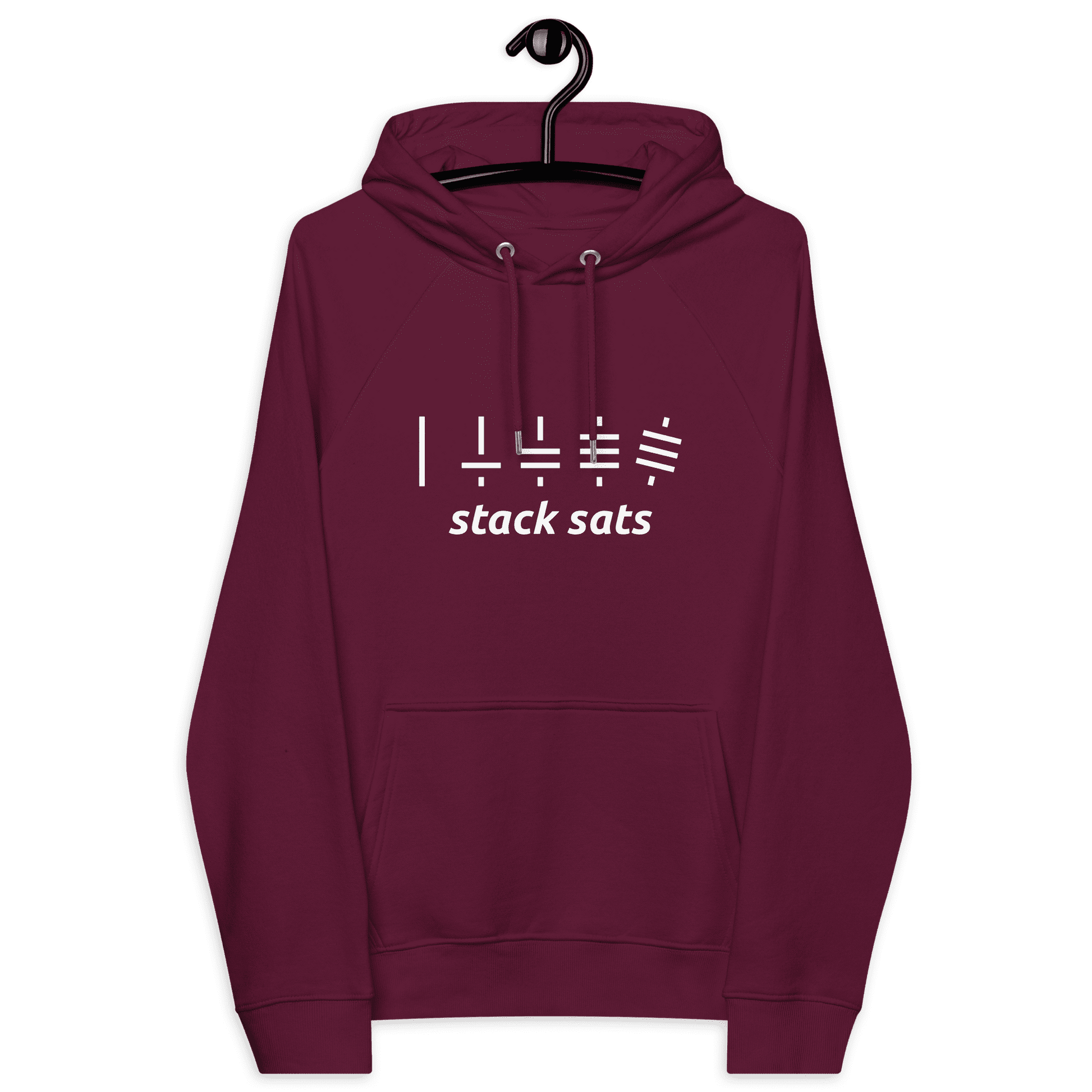 Front view of a burgundy bitcoin hoodie.