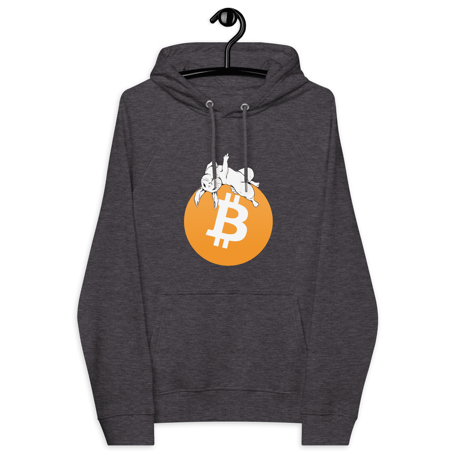 Front view of a charcoal melange colored bitcoin hoodie.