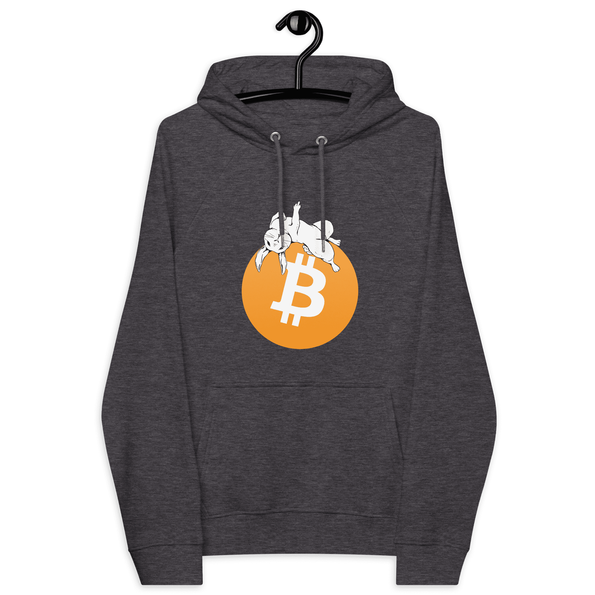 Front view of a charcoal melange colored bitcoin hoodie.