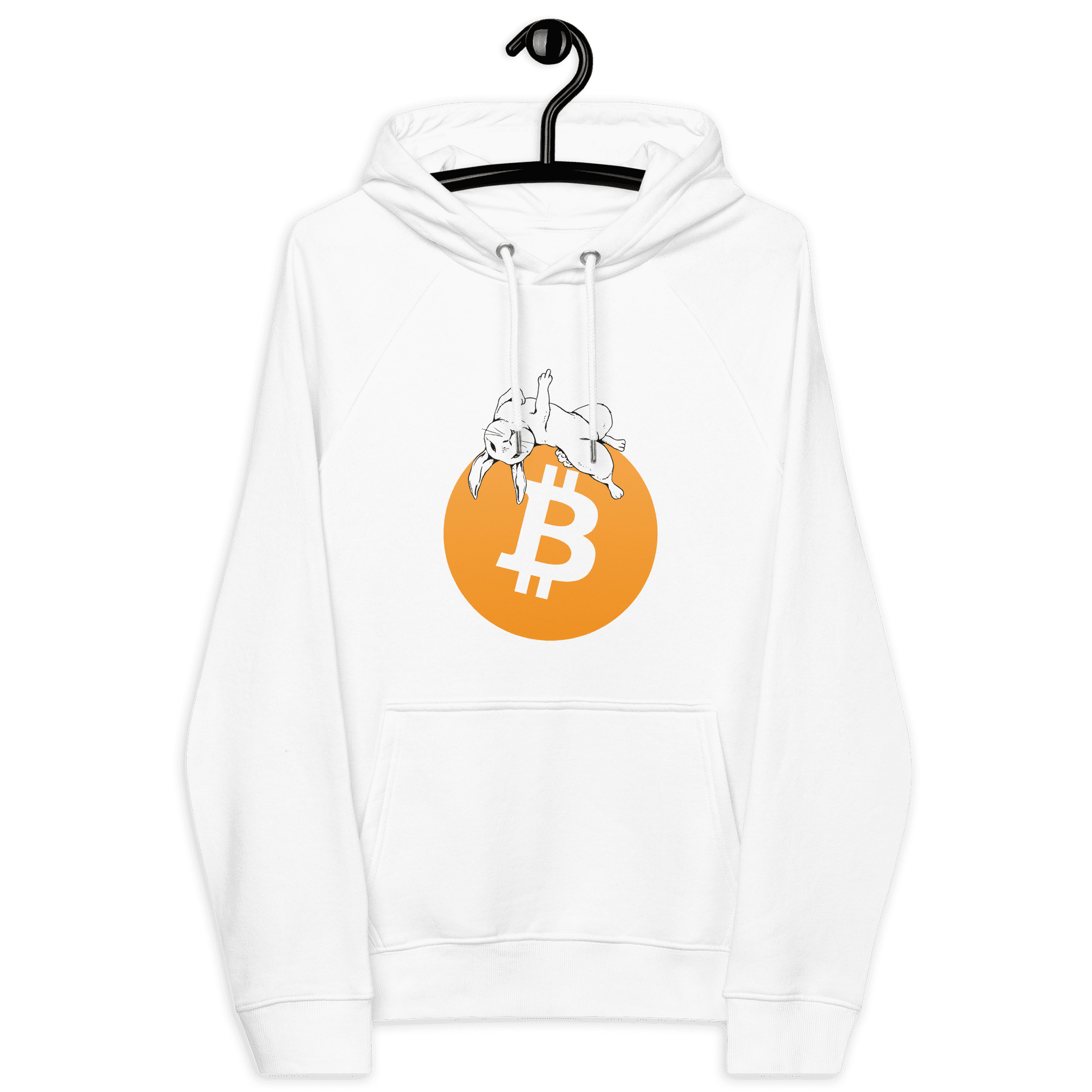 Front view of a white bitcoin hoodie.