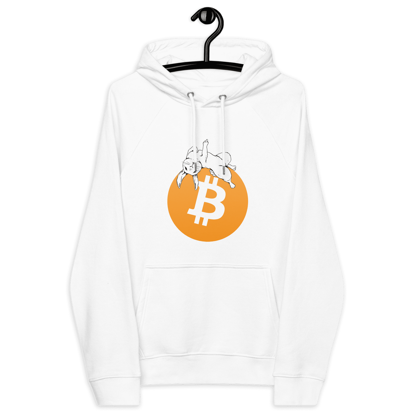 White eco raglan bitcoin hoodie with a white rabbit on an orange Bitcoin logo front design