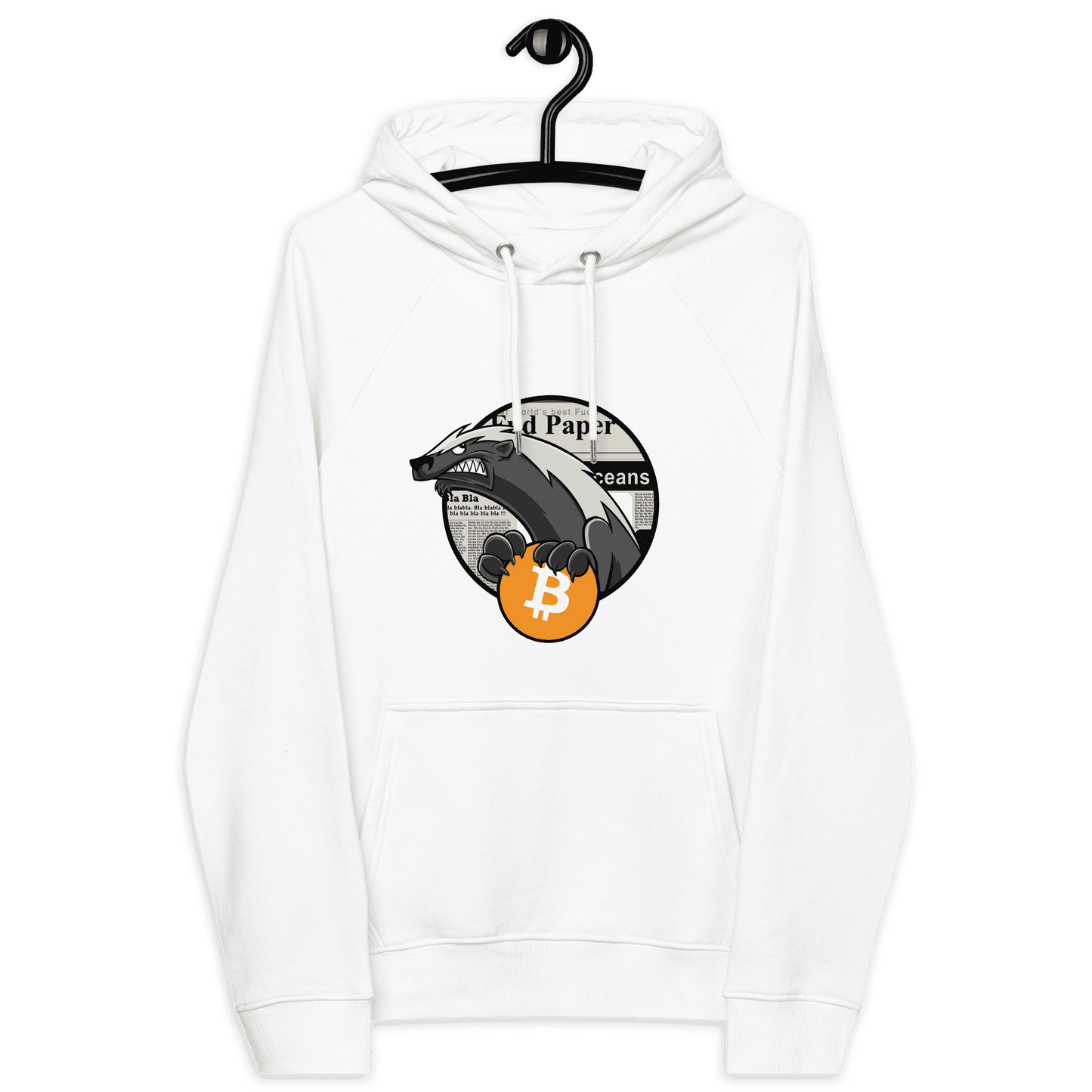 Front view of a white bitcoin hoodie.