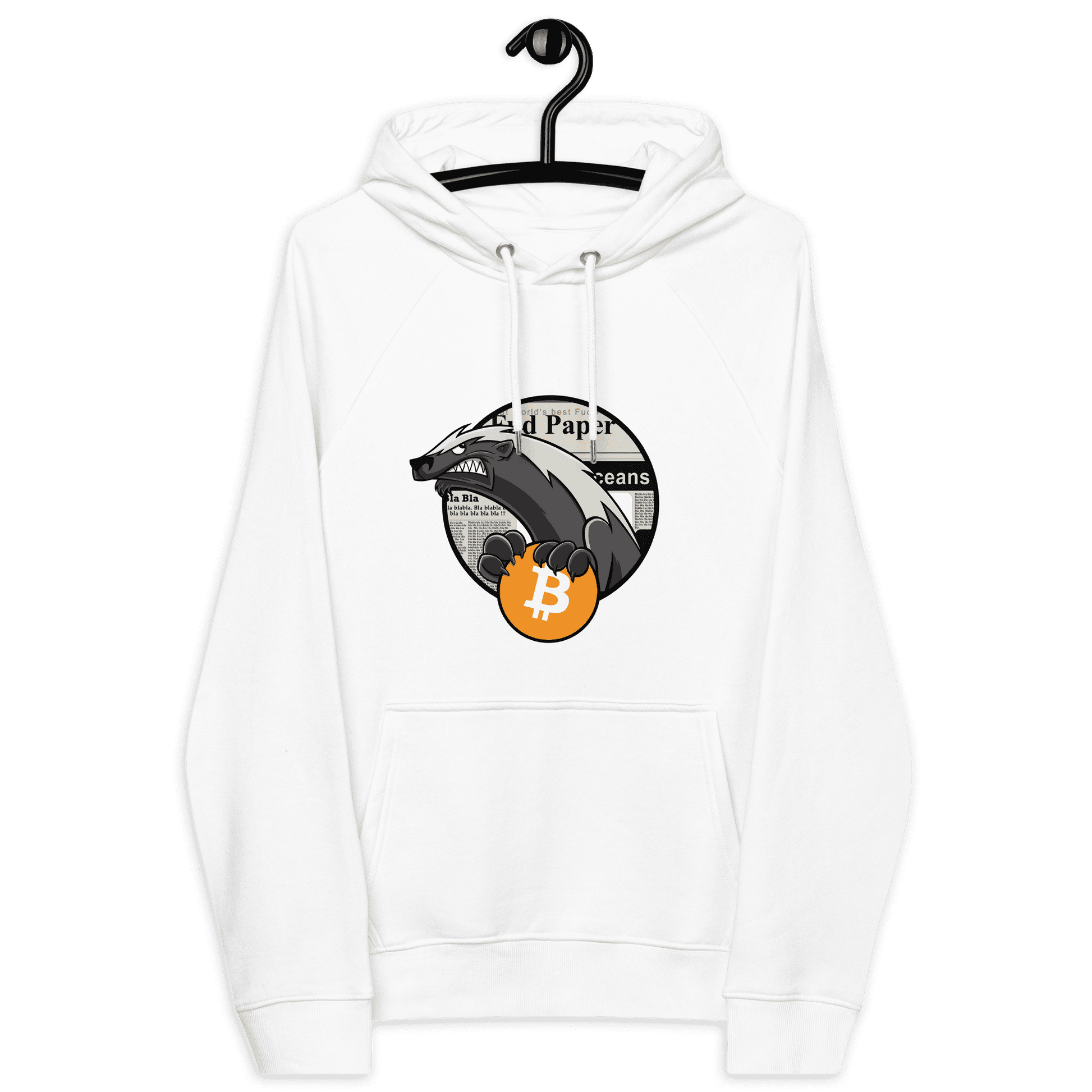 Front view of a white bitcoin hoodie.