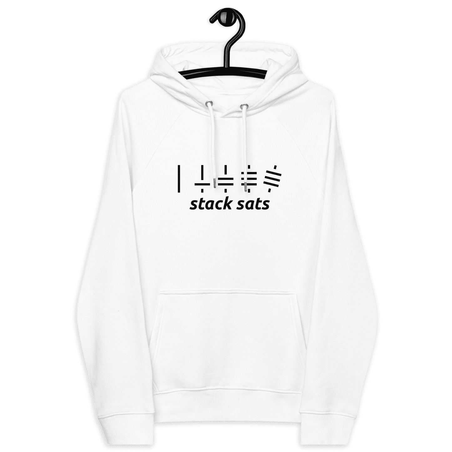 Front view of a white bitcoin hoodie.
