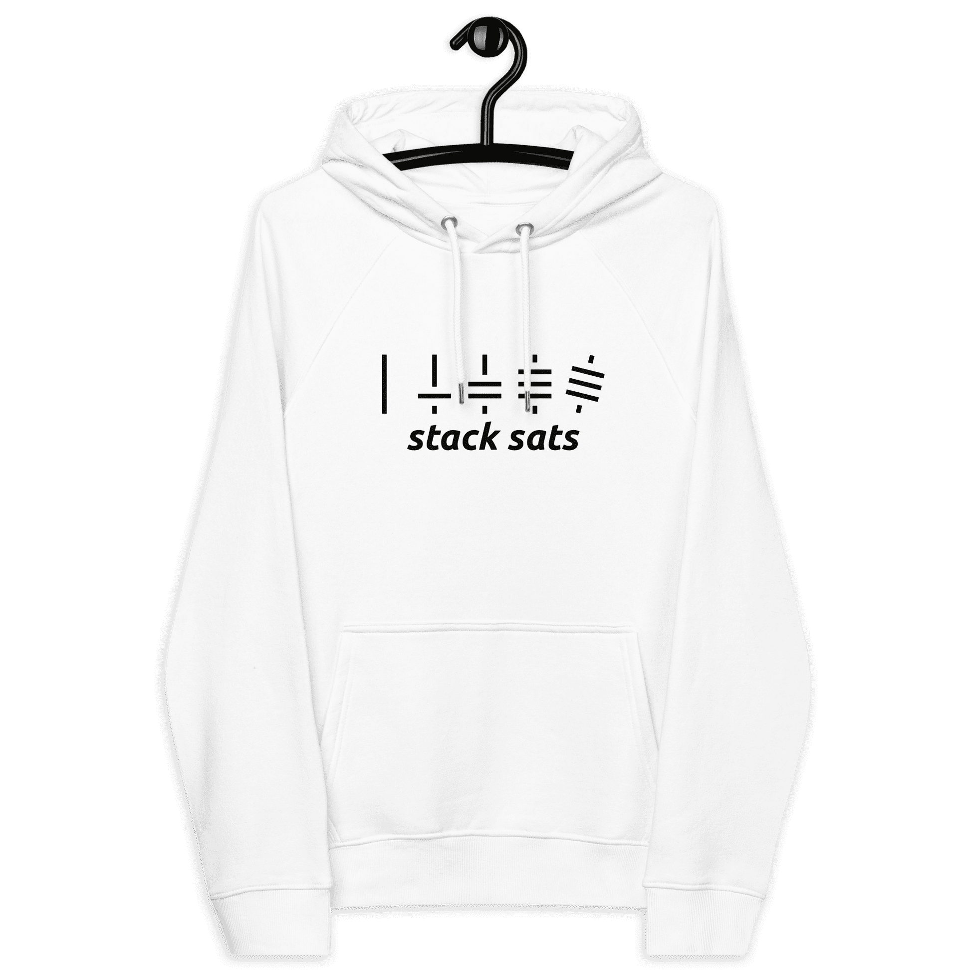 Front view of a white bitcoin hoodie.