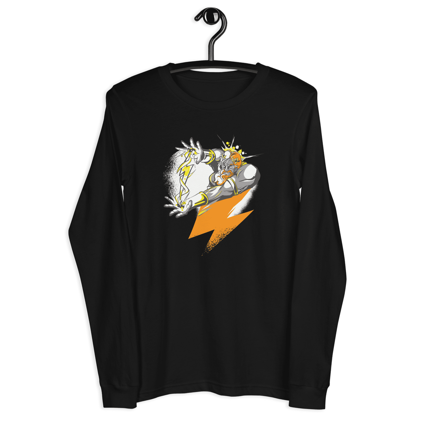 Front view of a black bitcoin long sleeve tee.