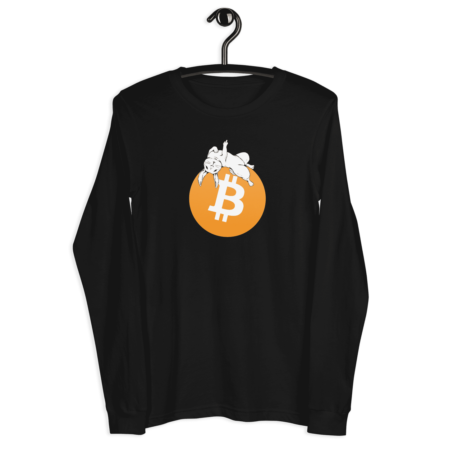 Front view of a black bitcoin long sleeve tee.