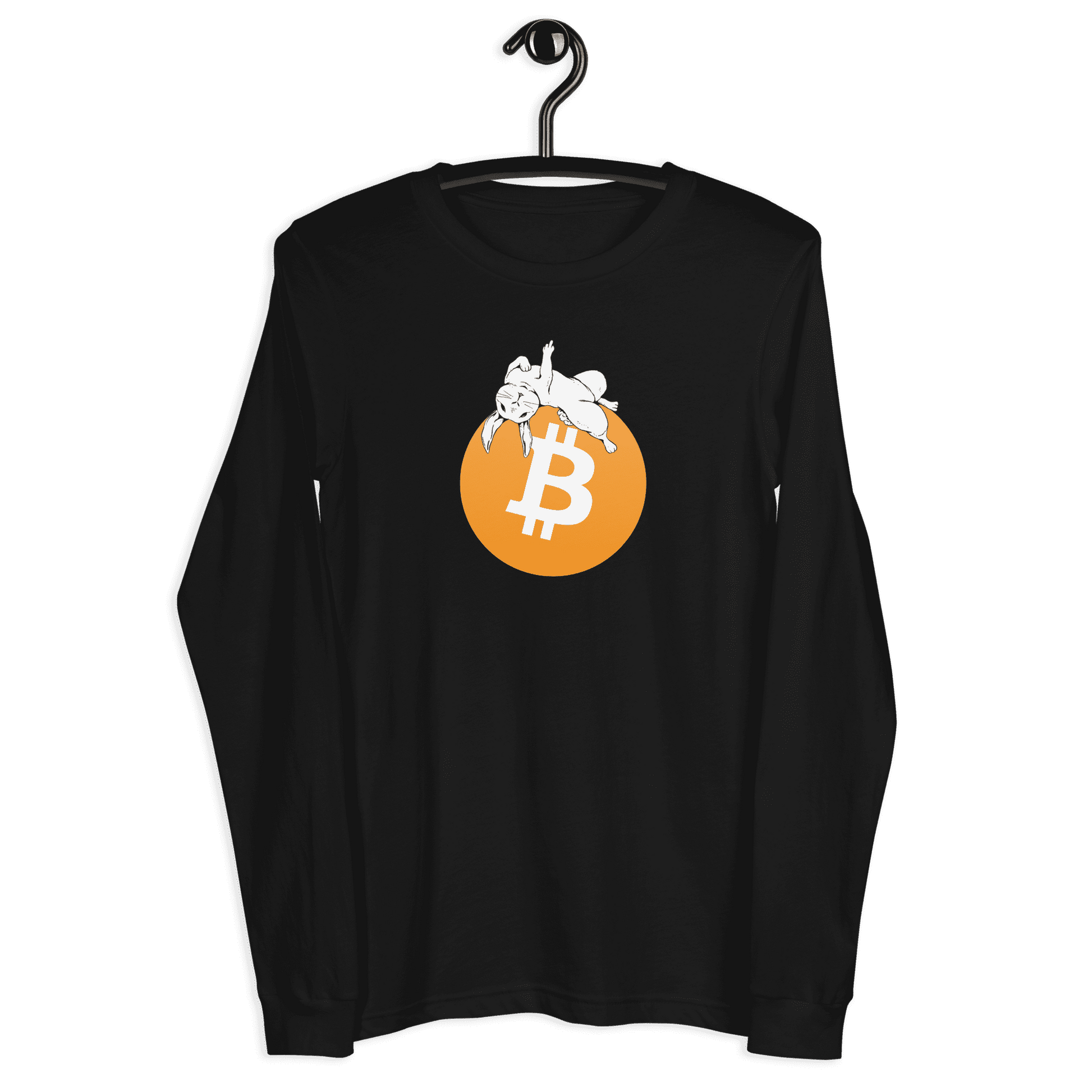 Front view of a black bitcoin long sleeve tee.