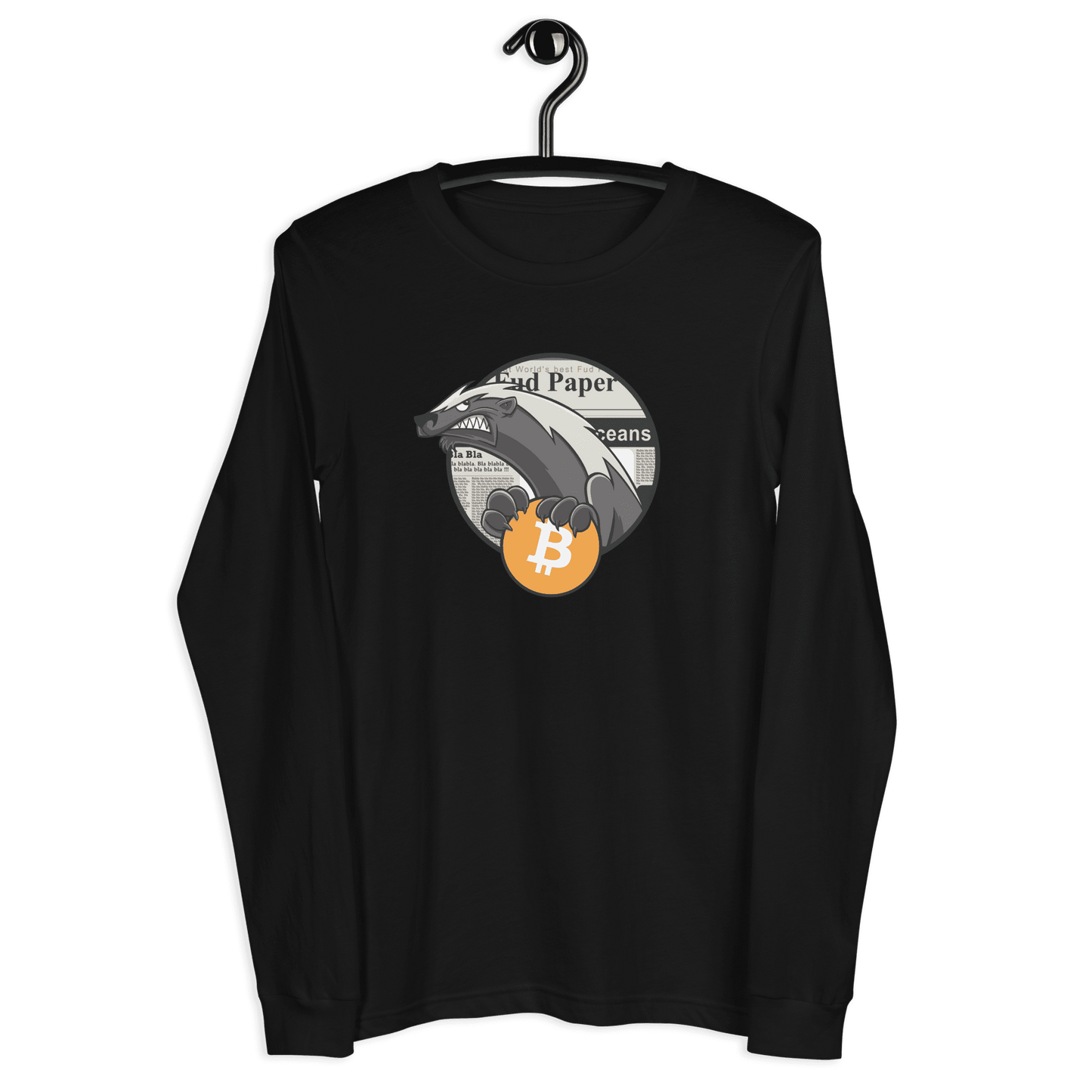 Front view of a black bitcoin long sleeve tee.