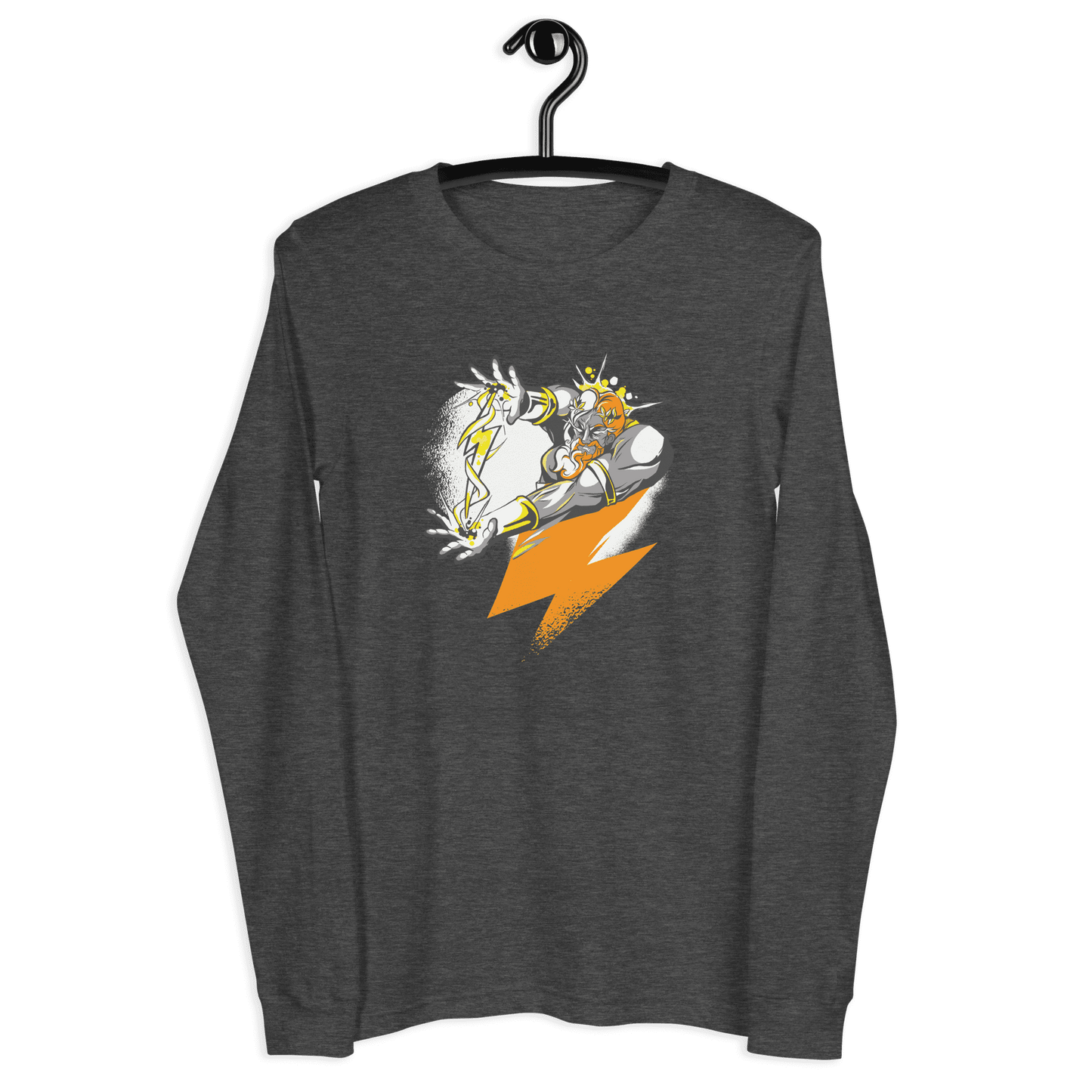 Front view of a dark grey heather bitcoin long sleeve tee.