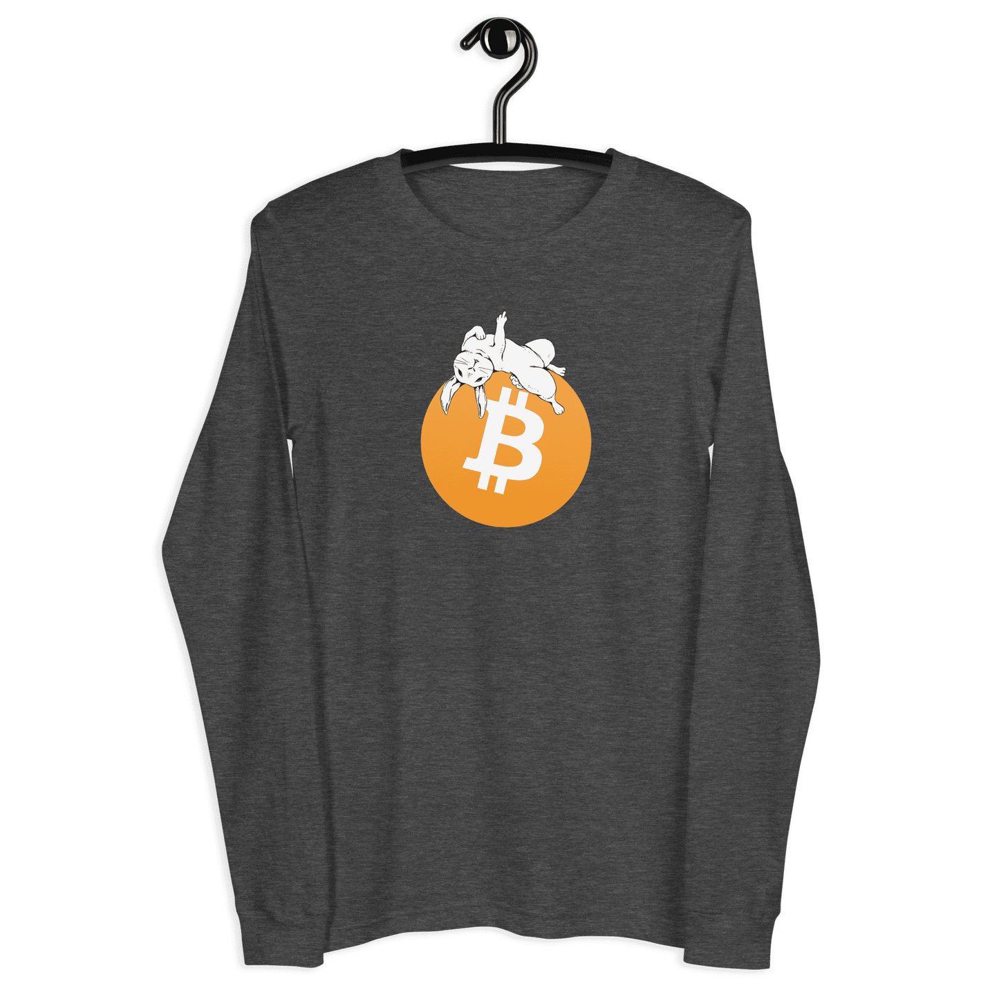 Front view of a dark grey heather bitcoin long sleeve tee.