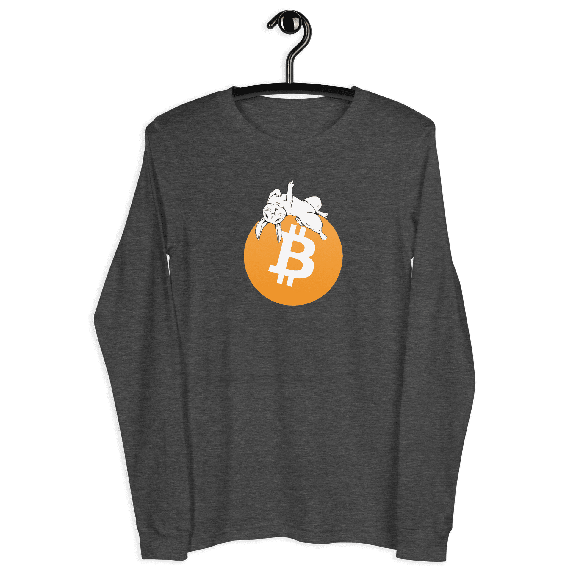 Front view of a dark grey heather bitcoin long sleeve tee.