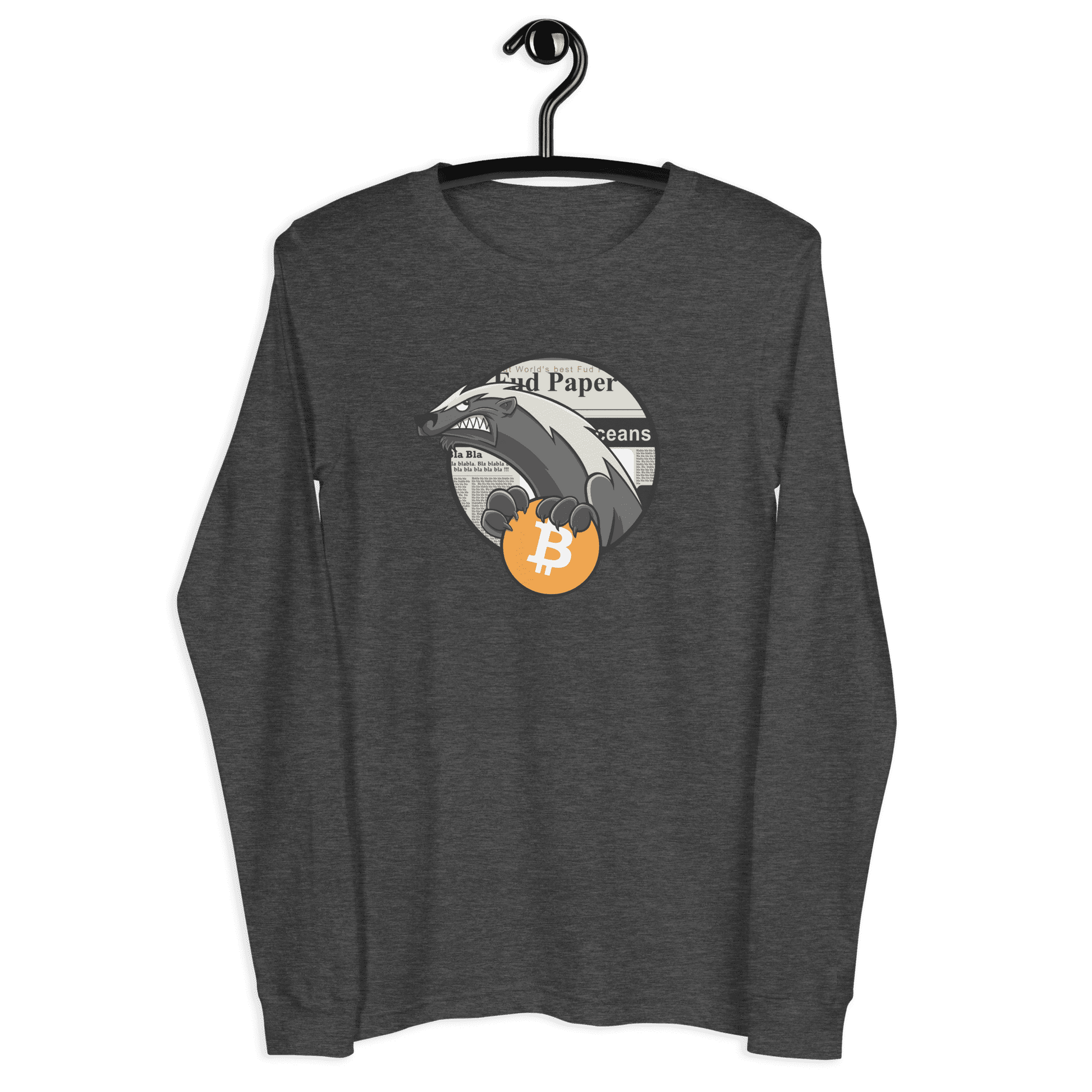 Front view of a dark grey heather bitcoin long sleeve tee.