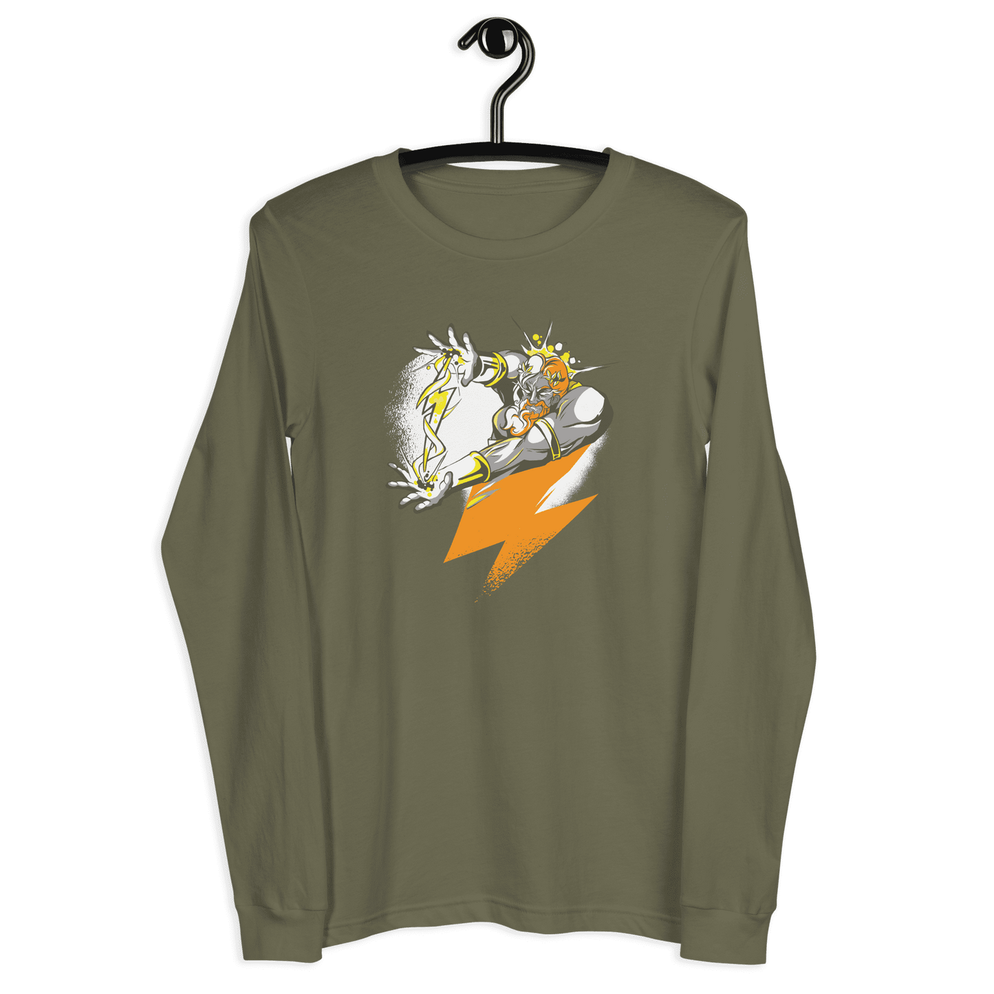 Front view of a military green colored bitcoin long sleeve tee.
