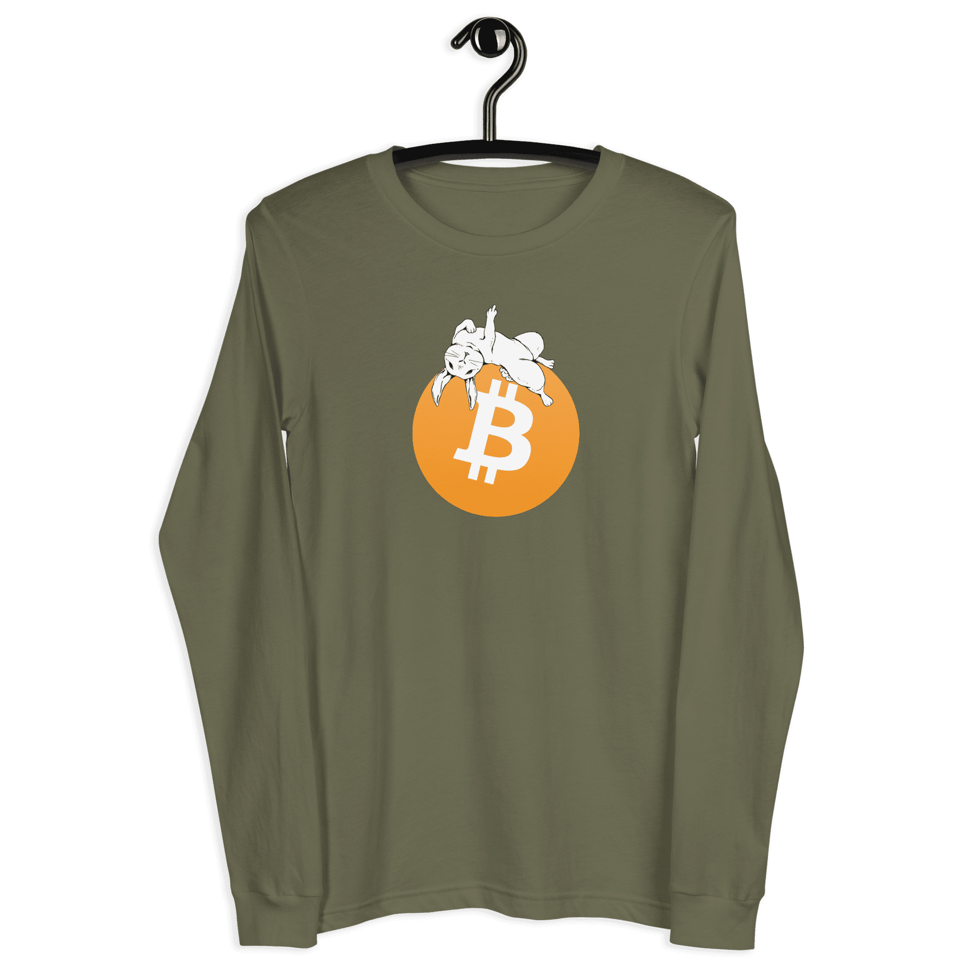 Front view of a military green colored bitcoin long sleeve tee.