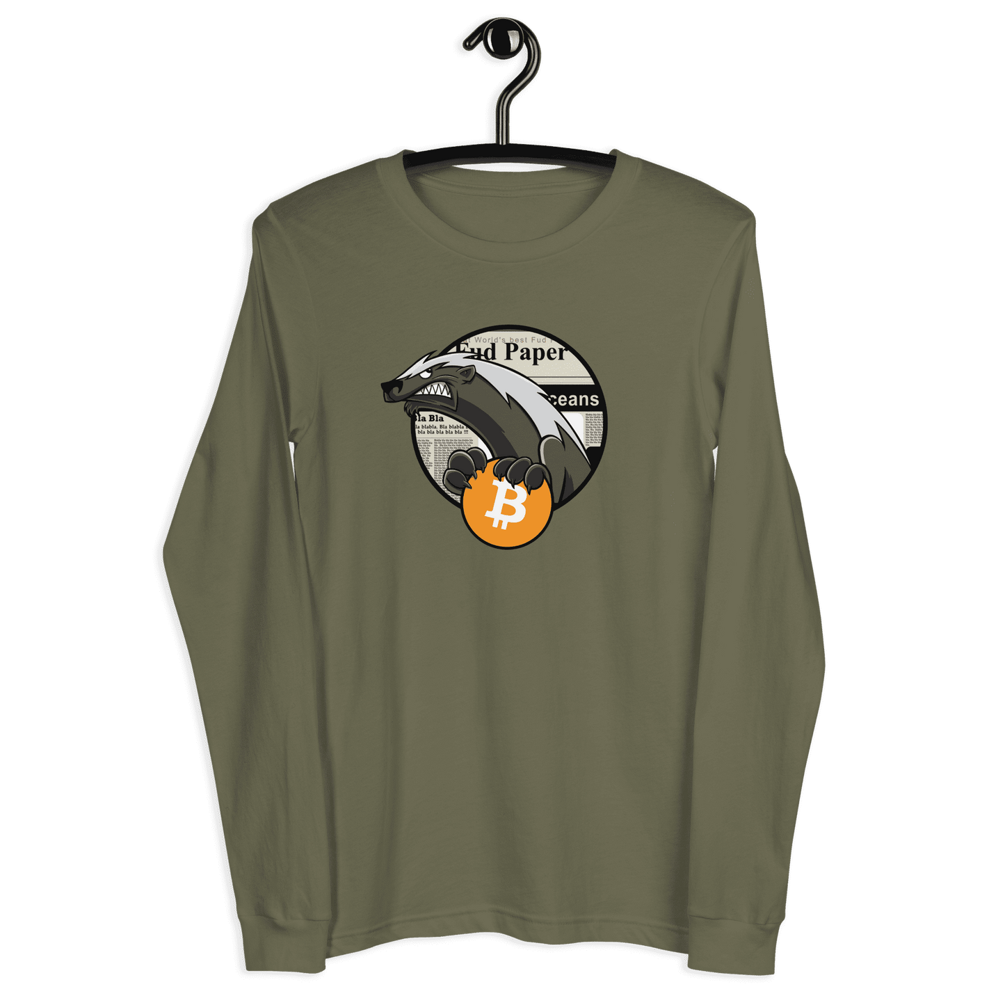 Front view of a military green colored bitcoin long sleeve tee.