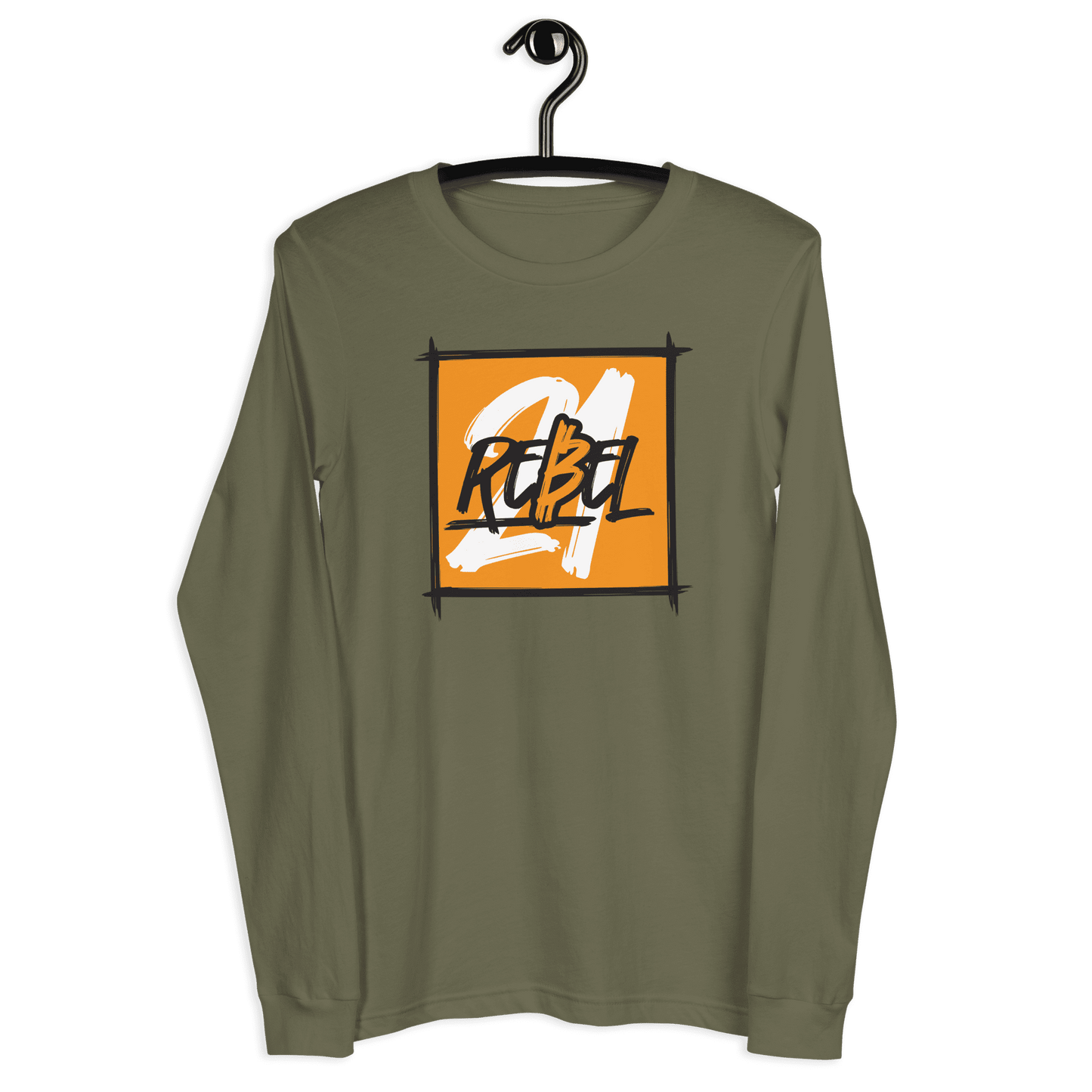 Front view of a military green colored bitcoin long sleeve tee.