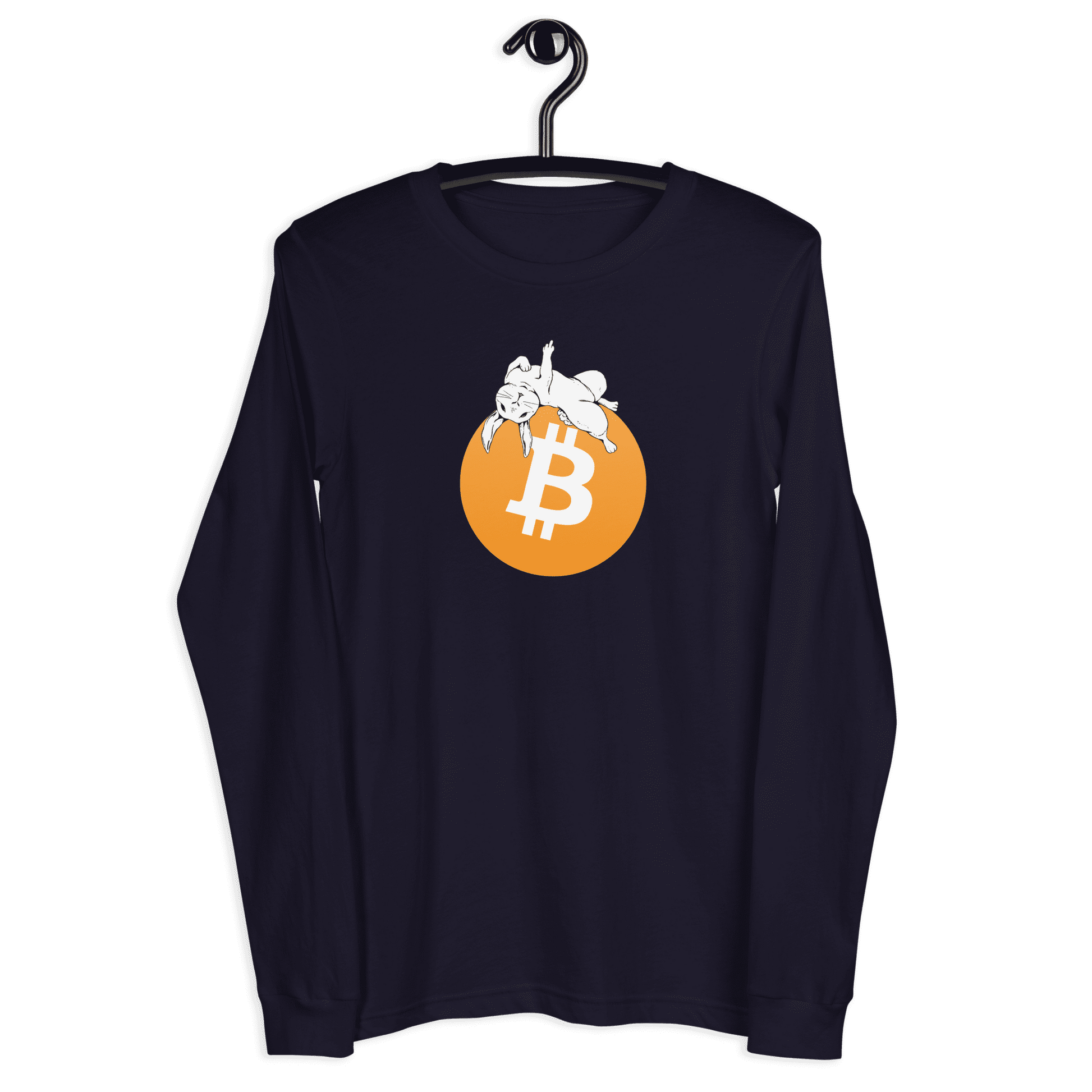 Front view of a navy colored bitcoin long sleeve tee.