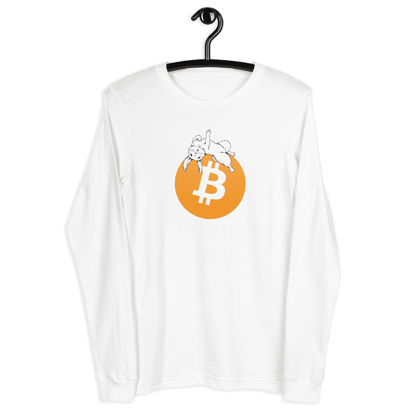 Front view of a white bitcoin long sleeve tee.