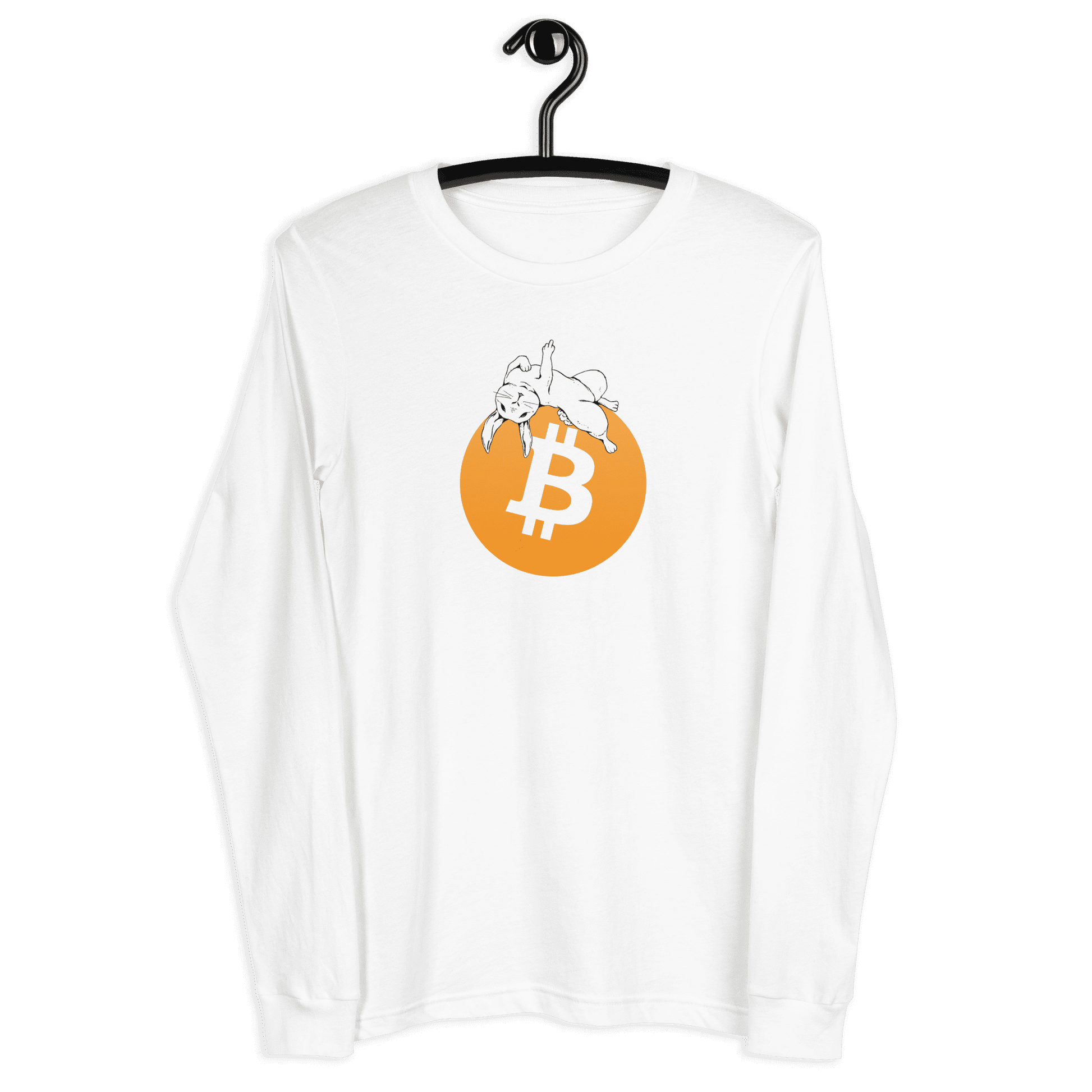 Front view of a white bitcoin long sleeve tee.