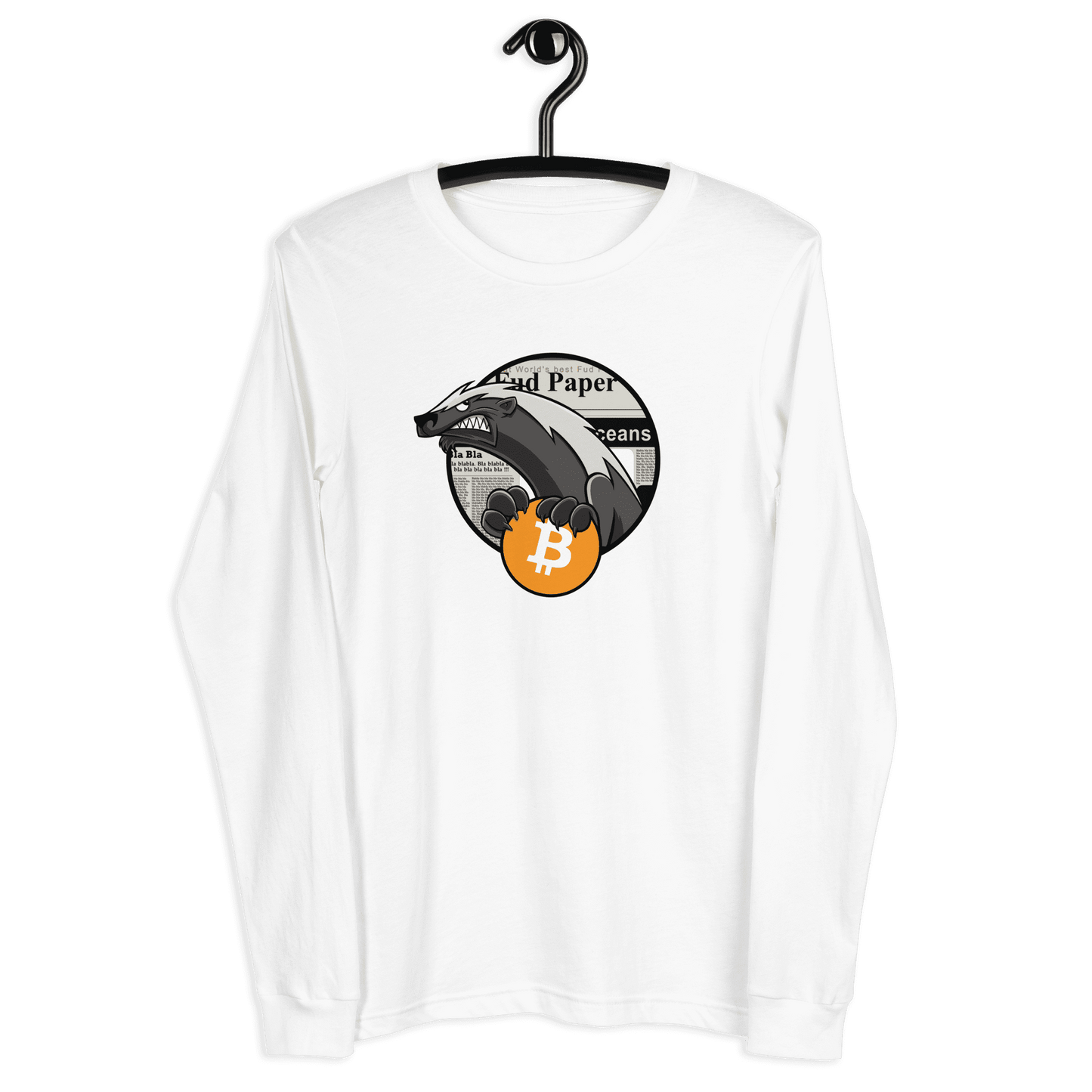 Front view of a white bitcoin long sleeve tee.