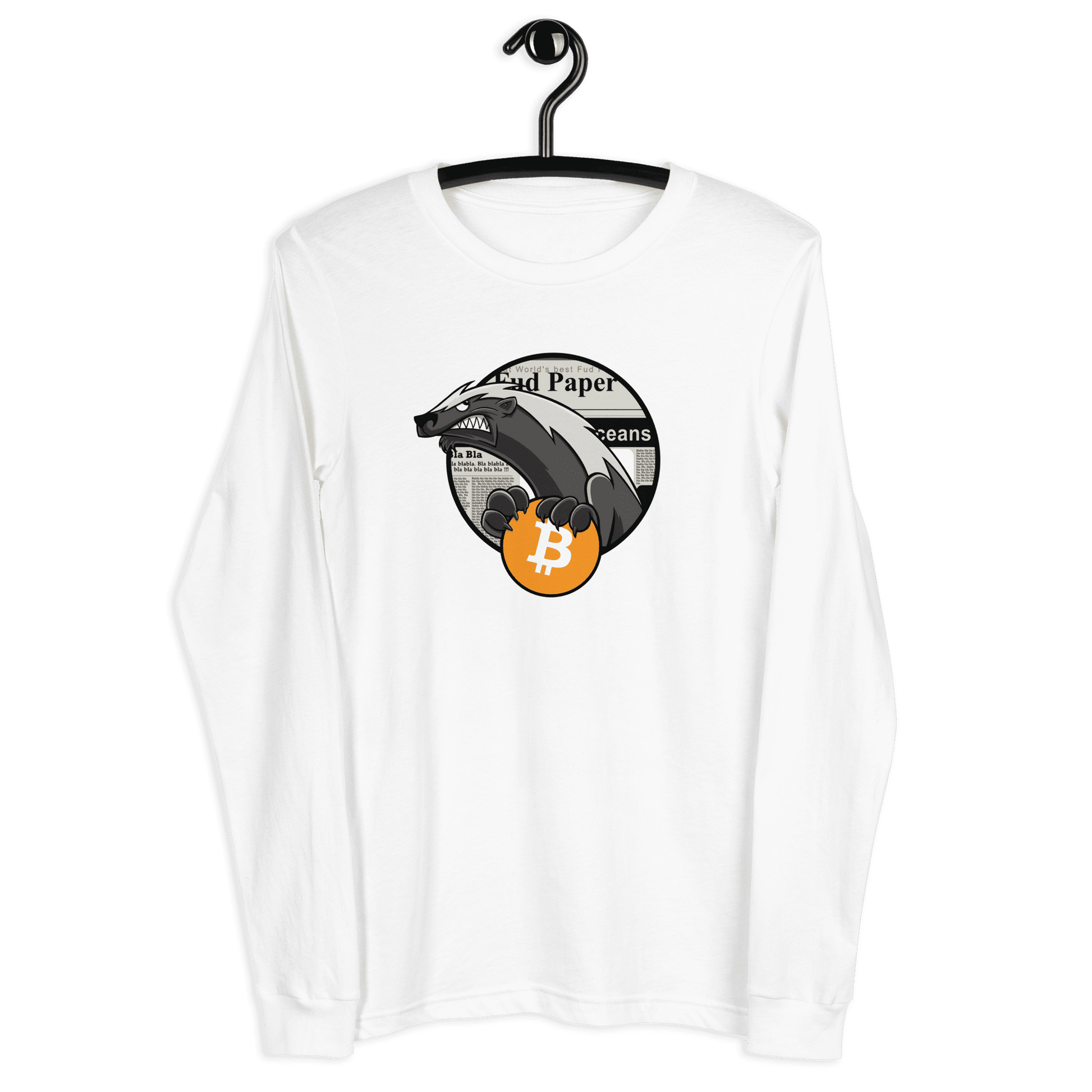 Front view of a white bitcoin long sleeve tee.