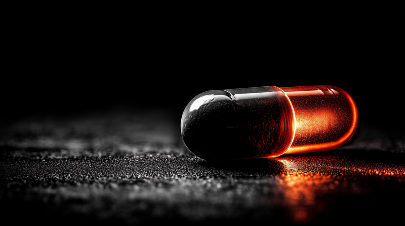 A single capsule lying on a dark, damp surface, one half black and the other half glowing orange from within, casting an orange reflection on the ground.