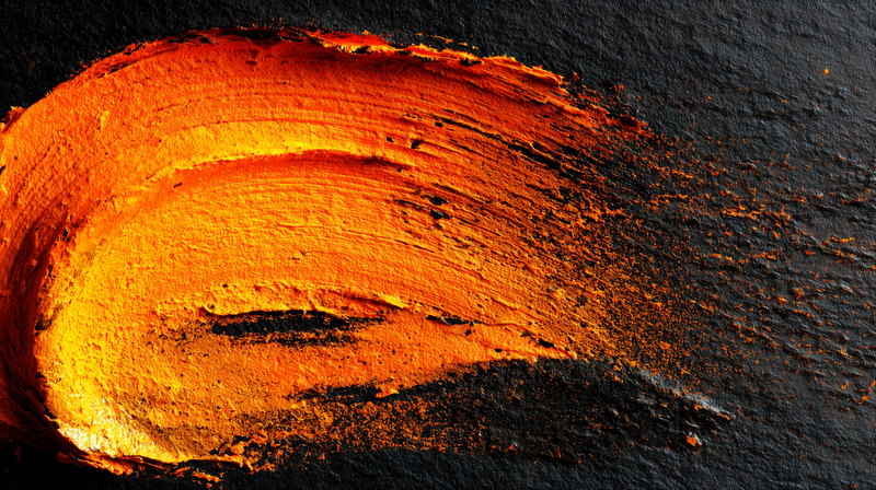 A thick curved smear of orange paint on black textured stone, bright yellow at its core, with dry orange pigment scattered across the dark surface.