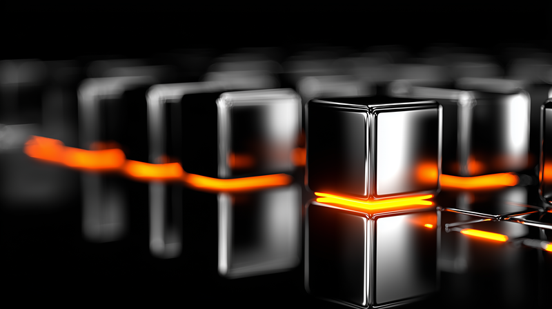 A row of polished chrome cubes on a reflective black floor, fading into the dark, with a glowing orange line running through the row at their base.
