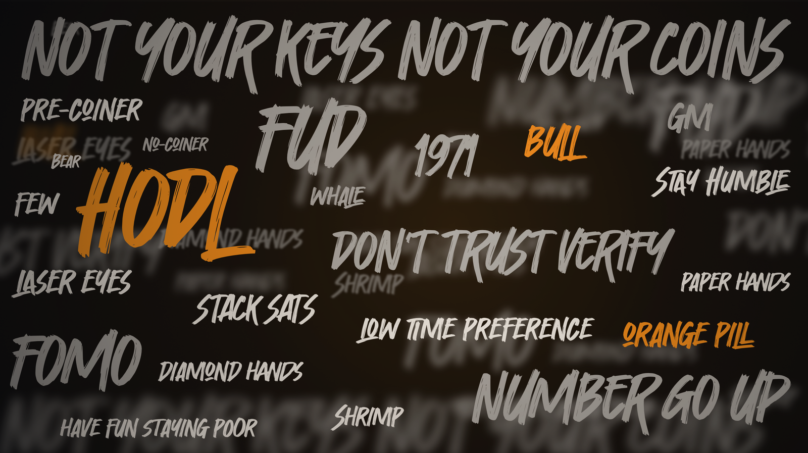 A wall of Bitcoin slang in brush lettering on near black, NOT YOUR KEYS NOT YOUR COINS across the top, with HODL, BULL and ORANGE PILL picked out in orange among terms like FUD, FOMO, diamond hands and stack sats.