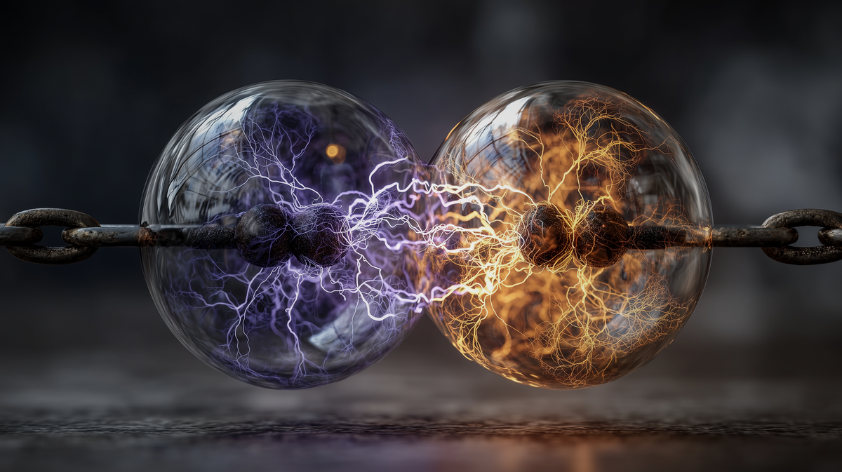 Two glass spheres touching, the left one filled with violet lightning and the right one with orange lightning, the arcs meeting where they touch, a heavy rusted chain running horizontally through both.
