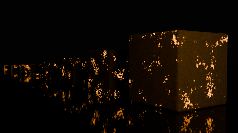 A row of dark stone cubes receding into black, their surfaces broken by glowing ember-orange patches, the nearest cube largest and sharpest, mirrored in a glossy floor.