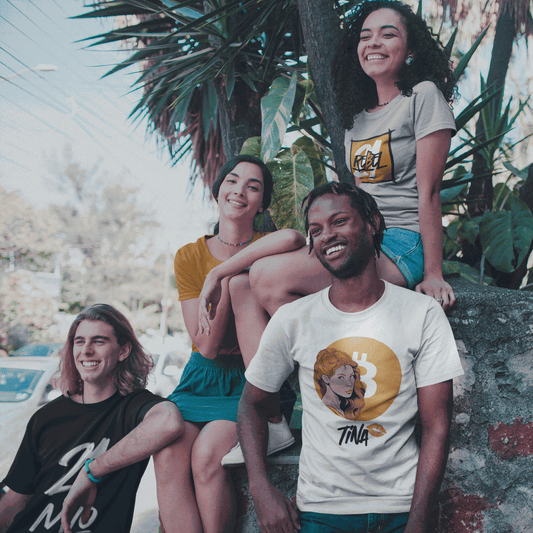 Group of interraicial friends chilling together and having a good time wearing bitcoin apparel.