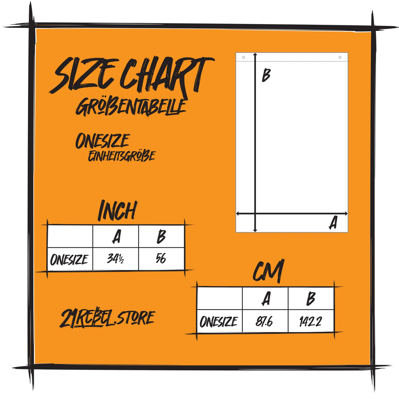 Size chart for the 21Rebel flag, one size. Width 87.6 cm (34 1/2 in), height 142.2 cm (56 in), with two grommets along the top edge. Labelled in English and German.