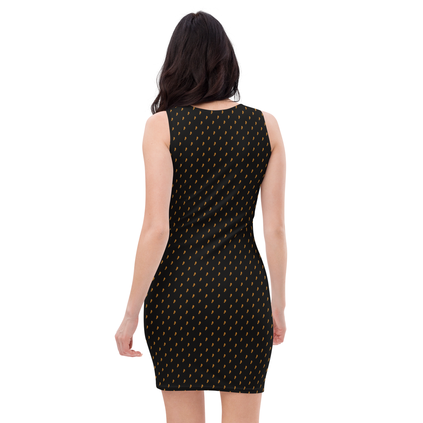 Back view of a woman wearing a black bitcoin bodycon dress.