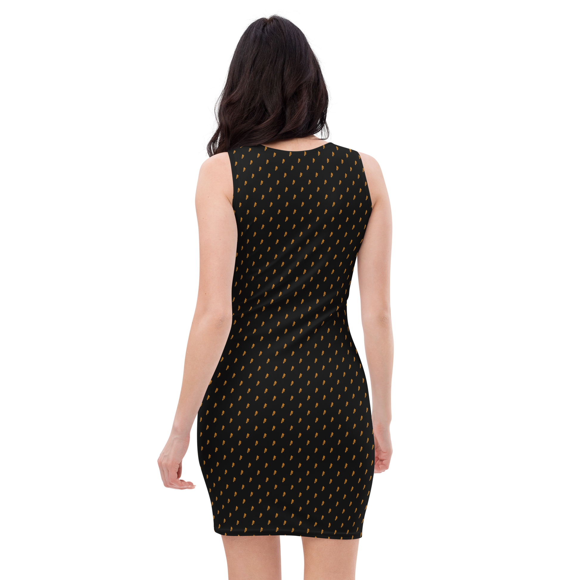 Back view of a woman wearing a black bitcoin bodycon dress.