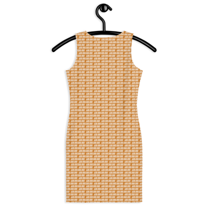 Back view of an orange bitcoin bodycon dress.