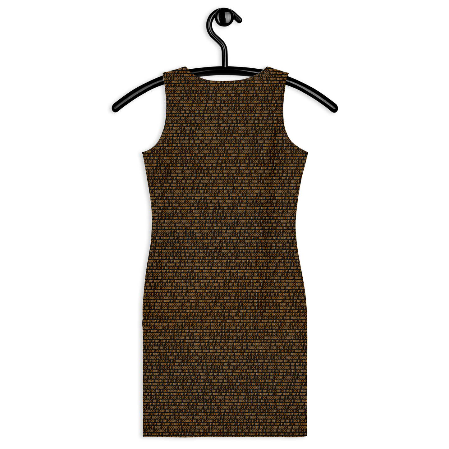 Back view of a black bitcoin bodycon dress.