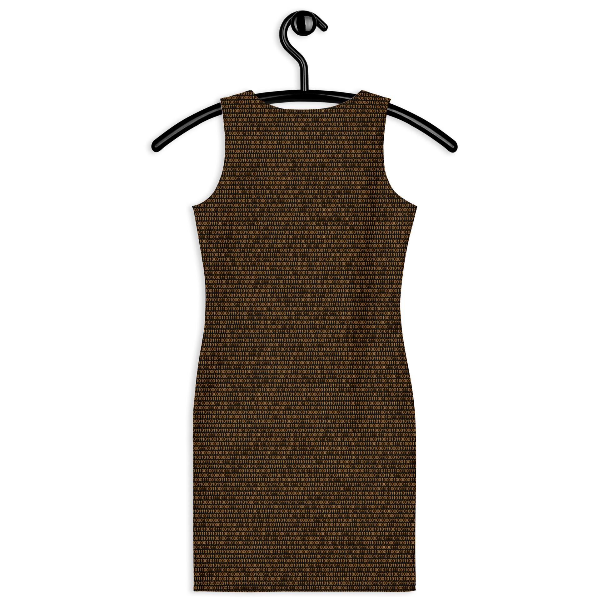 Back view of a black bitcoin bodycon dress.