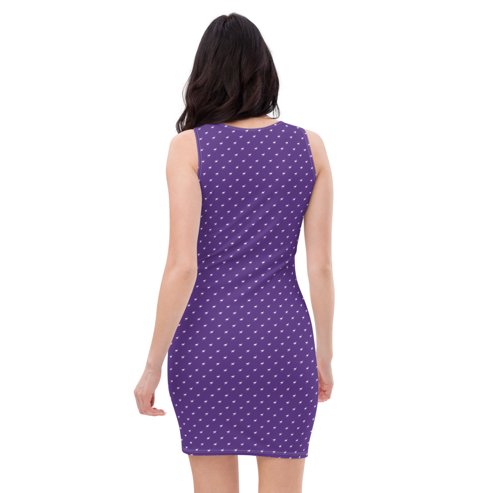 Back view of a woman wearing a purple nostr bodycon dress.