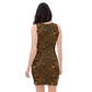 Back view of a woman wearing a black bitcoin bodycon dress.