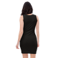 Back view of a woman wearing a black bitcoin bodycon dress.