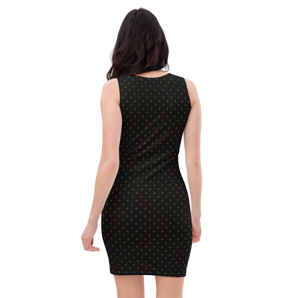 Back view of a woman wearing a black bitcoin bodycon dress.