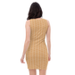 Back view of a woman wearing an orange bitcoin bodycon dress.