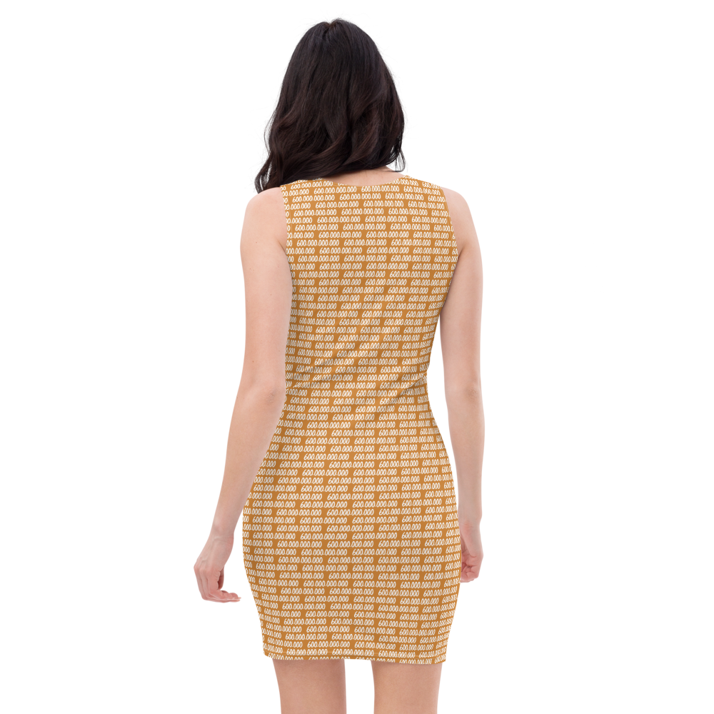 Back view of a woman wearing an orange bitcoin bodycon dress.